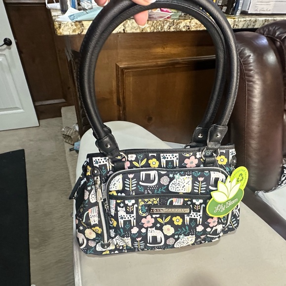 NWT Lily Bloom Black Floral & Animal Print Satchel with Yellow and Pink Accents - Picture 2 of 12